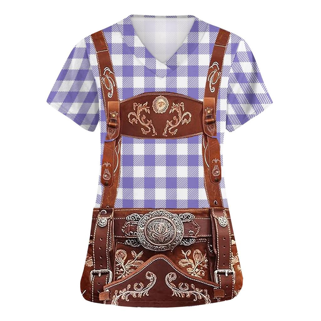 Women V Neck Short Sleeve Work Shirt with Pockets Oktoberfest Print Top Nursing Uniform Medical Scrub Tee with Front Pocket Design