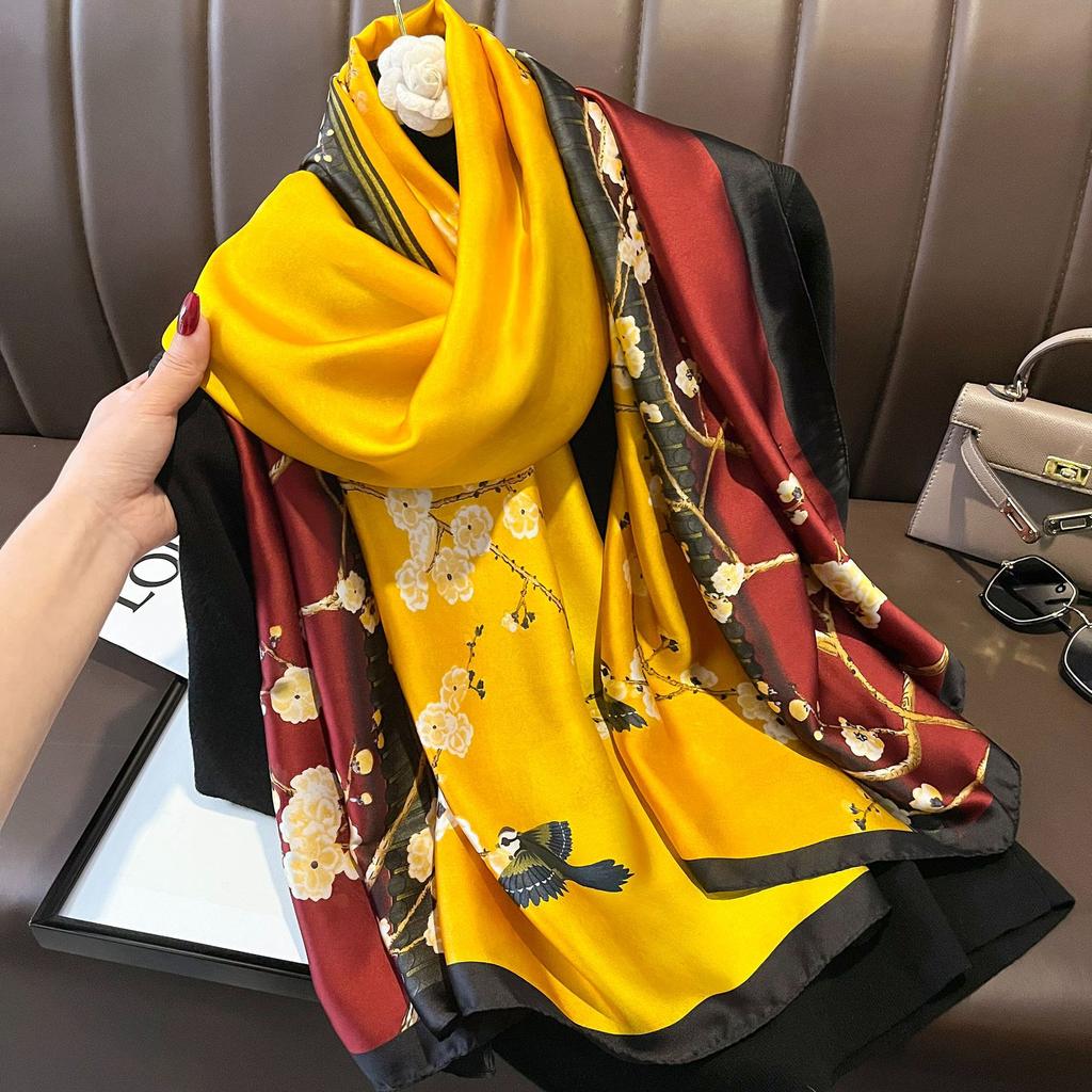 New Spring and Autumn Retro Floral Cranes Temperament Simulation Silk Large Long Scarf Sunscreen Outwear Shawl Female Silk Scarf