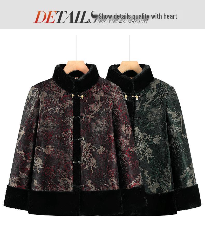 Elderly Women's Fleece-Lined Cotton Jacket - Chinese Style, Stand Collar, Plus Size, Warm Winter Wear for Grandma