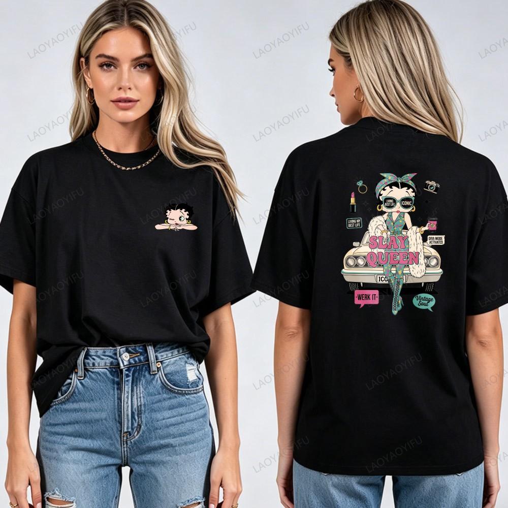 Classic Old School Betty Boop Graphic Tee Adults Soft Cotton Short Sleeve Bohemian Fashion Retro Animation Casual Streetwear