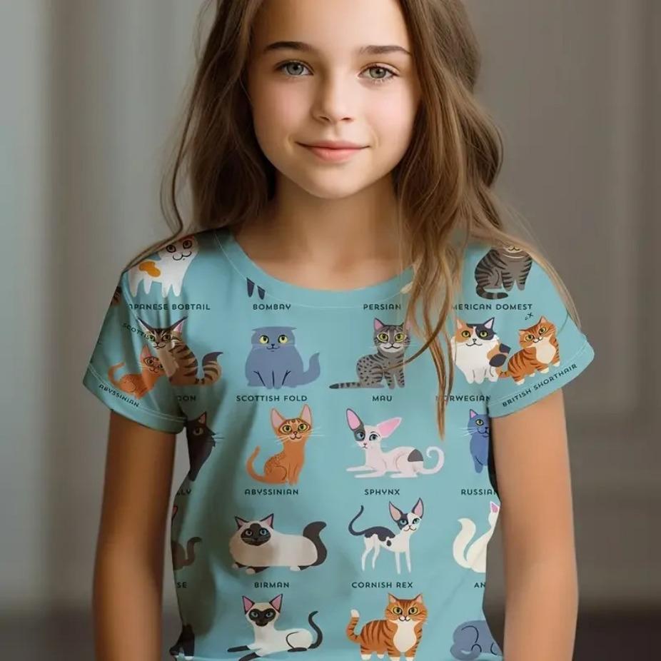 Kids Clothes Children's T-Shirt Girl Short Sleeve Top Cartoon Cat Girls Summer Clothes Child T-Shirt  Children's Clothing