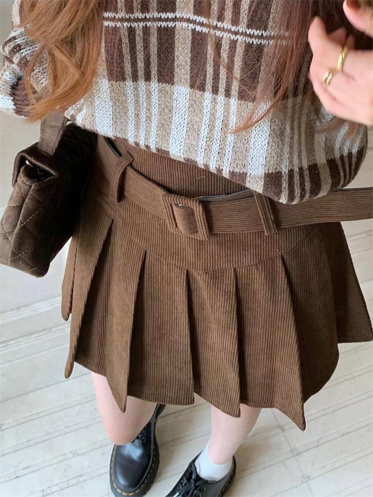 Fat Sister Corduroy Pleated A-Line Skirt for Women - High Waist Slimming Short Skirt for Autumn/Winter