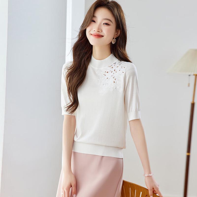 Женский вязаный топ Srcr Premium с вышивкой, короткий рукав, из смеси шелка L