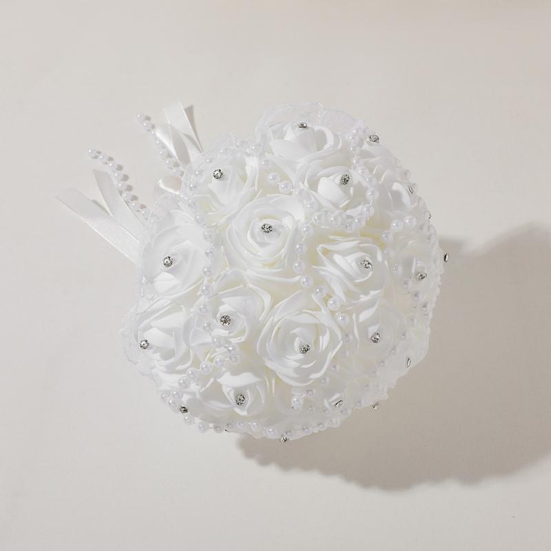 Elegant Pearls Ribbon Bridal Flower Bouquet with Rhinstones Studs for Bride and Bridesmaid Special Occasion Photo Props