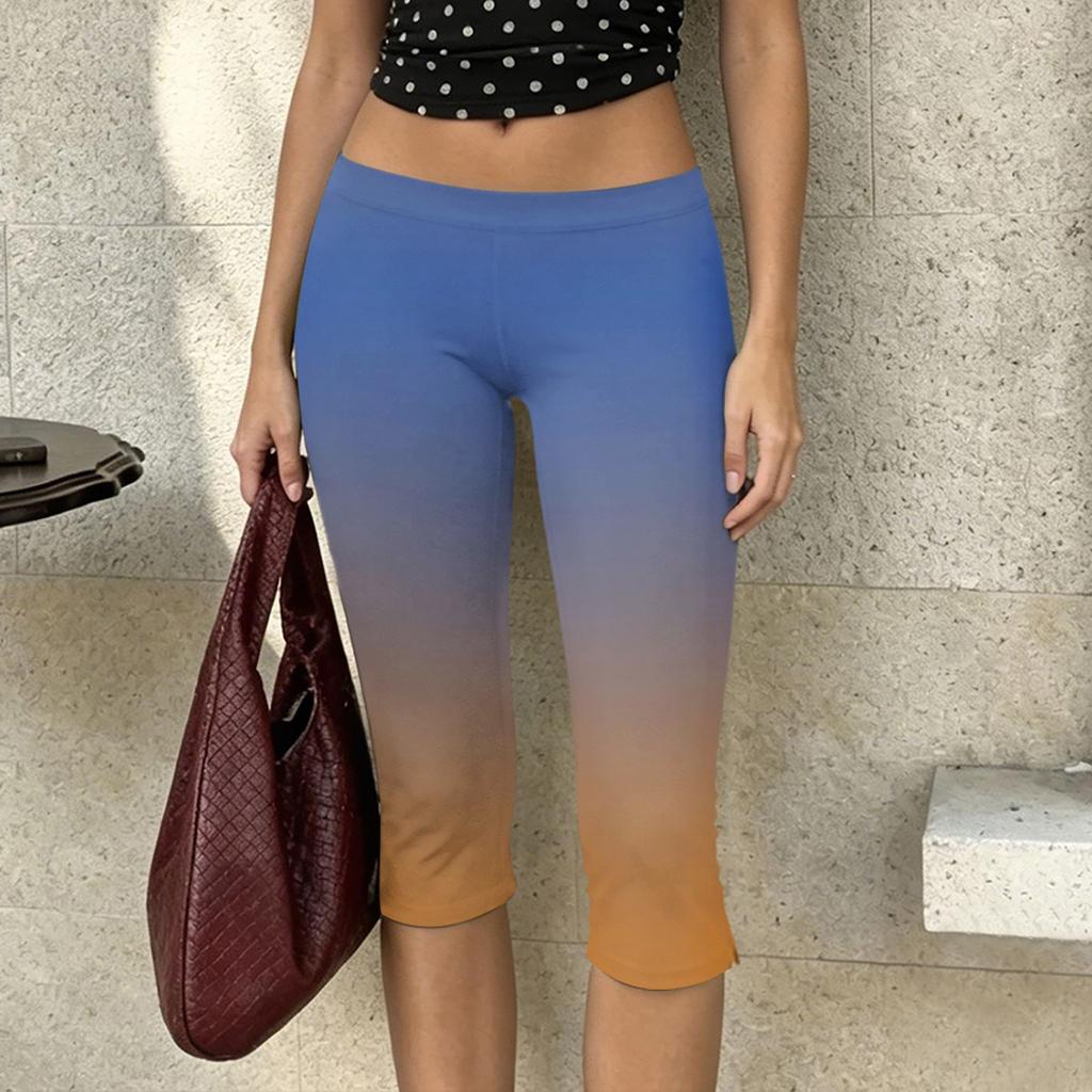 Women Milk Silk Gradient Print Casual Pants Mid Waist Stretchy Slim Fit Cropped Length Soft Lightweight Bottoms for Daily Wear
