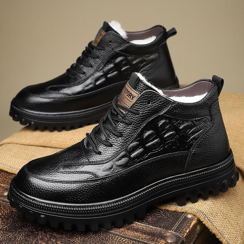 Cotton shoes men's 2025 winter new leather wool piled thickened warm snow boots dad casual high-top leather shoes
