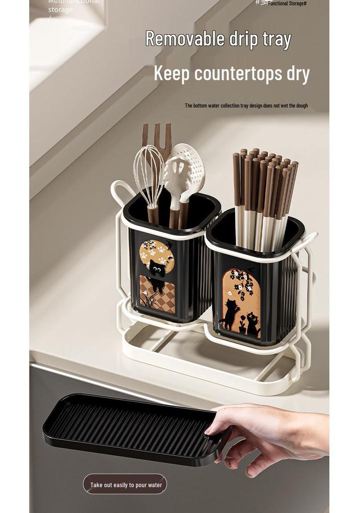 Milk White Kitchen Knife & Cutlery Draining Rack with Chopstick Holder