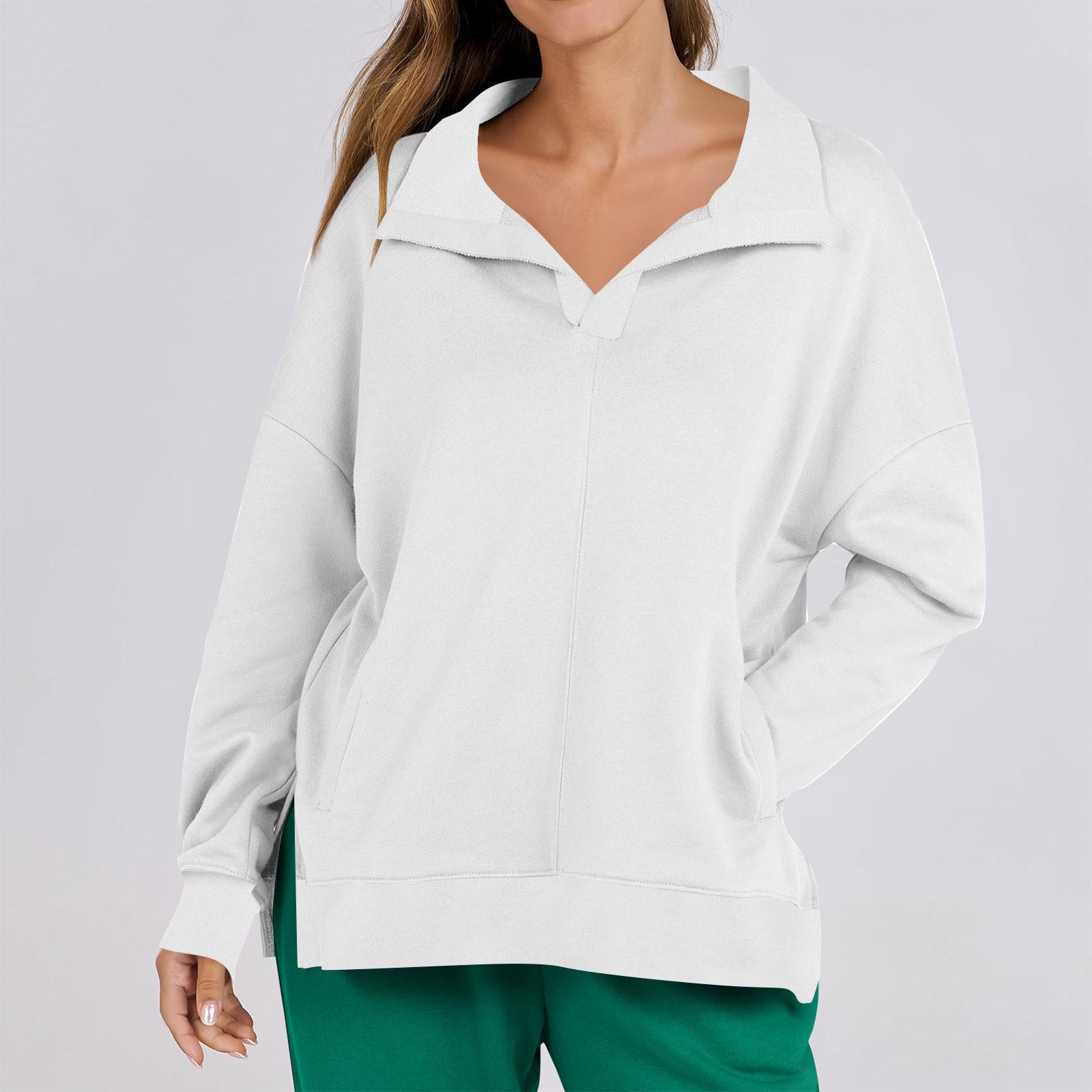 

Женская мода повседневная однотонная толстовка с V-образным вырезом и карманом, с длинным рукавом M белый