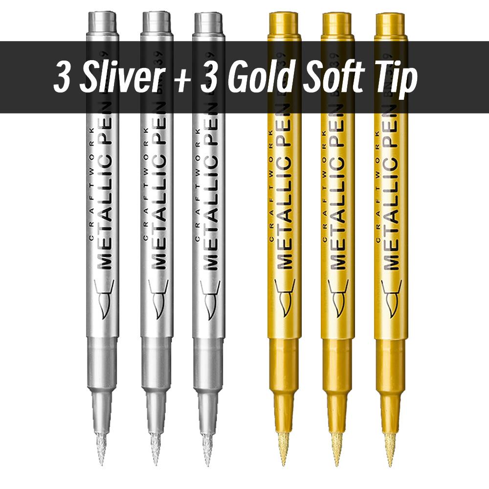 1-6pcs Soft Brush Metallic Marker Pens Gold Silver Permanent Art Markers For Glass Ceramics Resin Crafts Scrapbooking Painting