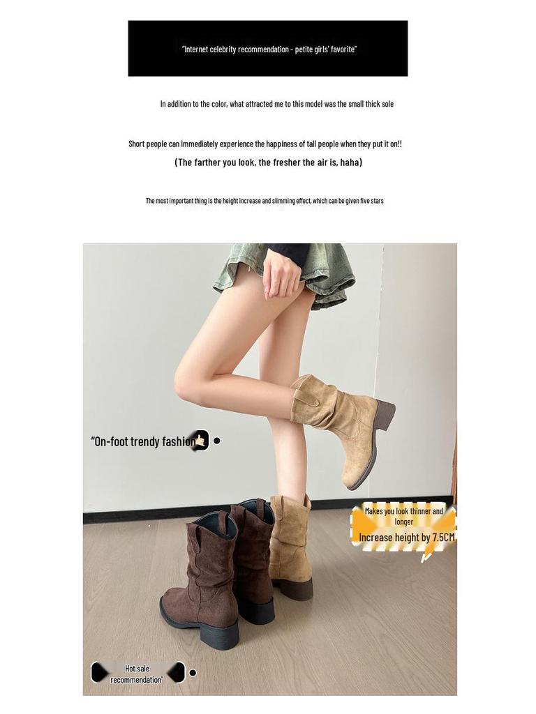 859-1 Retro Ruched Stacked Boots: 2025 Autumn/Winter Square Toe Chunky Heel Fashion Ankle Boots with Inner Height Increase.