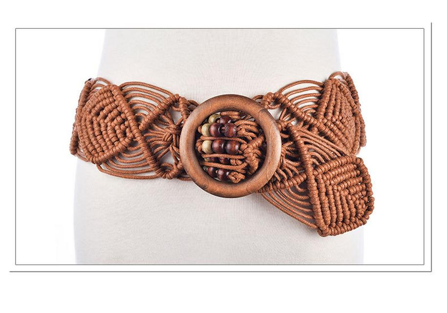 Ethnic Handmade Wax Rope Belt with Wood Buckle and Beads