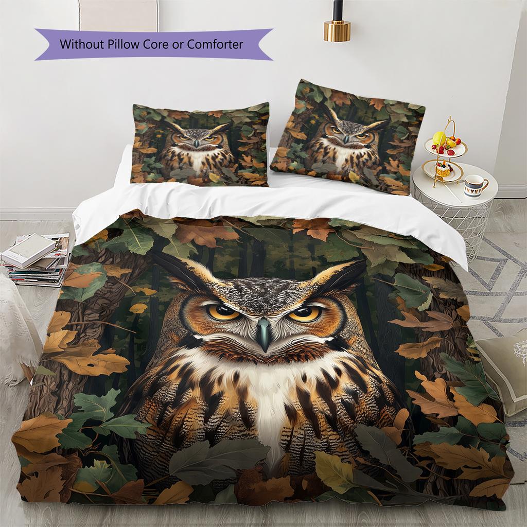 Owl and Leaves Pattern Bedding Home Decoration Birthday Gift (1 * Duvet Cover + 2 * Pillowcase, Without Core)
