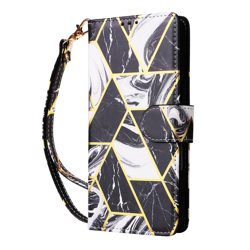 Applicable to iPhone16E mobile phone leather case 17Pro bronzing splicing marble card wallet holder portable rope