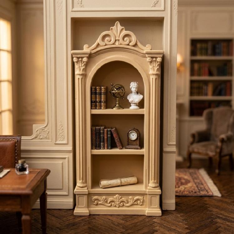 Collectible Display Shelf Miniature for Dollhouses Rooms, Roman Style Resin Bookcase with 3 Level Storage for Tiny Books and Layout Accent Use