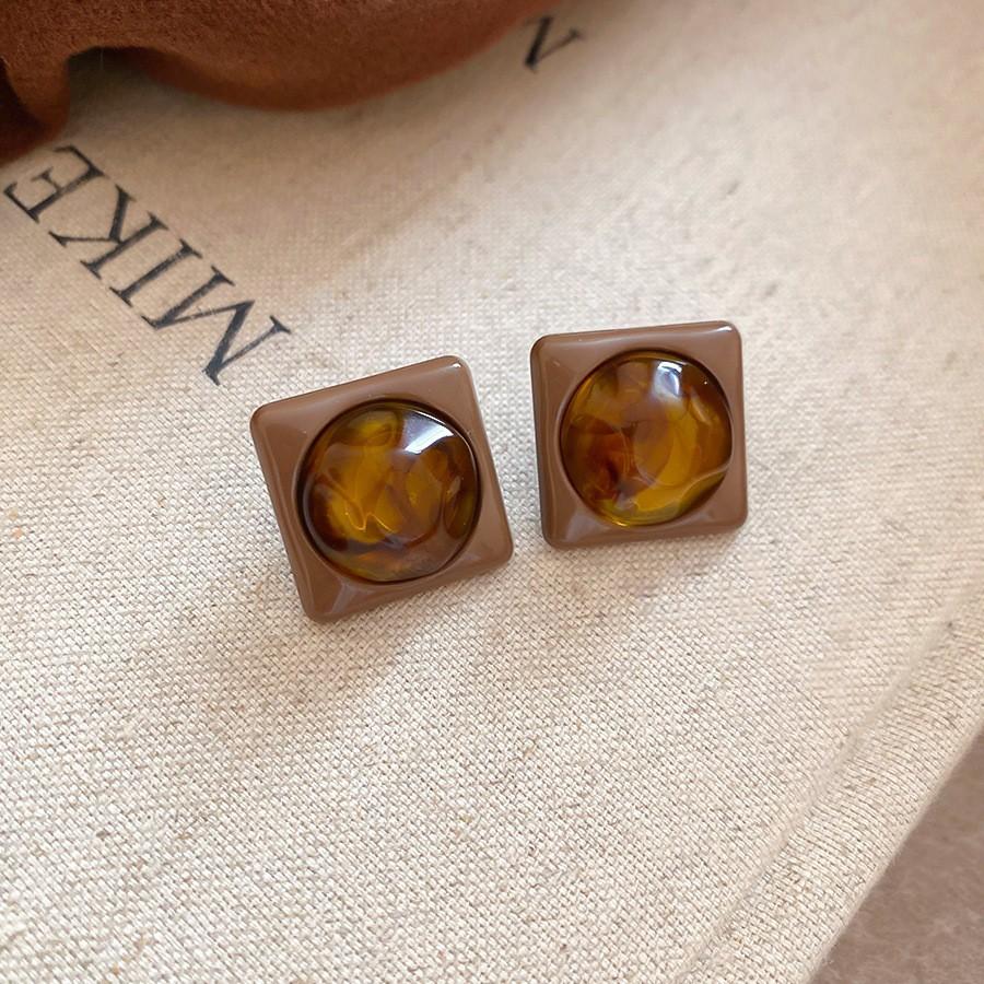 Silver Needle Retro Resin Geometric Round Oval Pendant Earrings Maillard Style Stud Earrings Niche Design Earrings Women