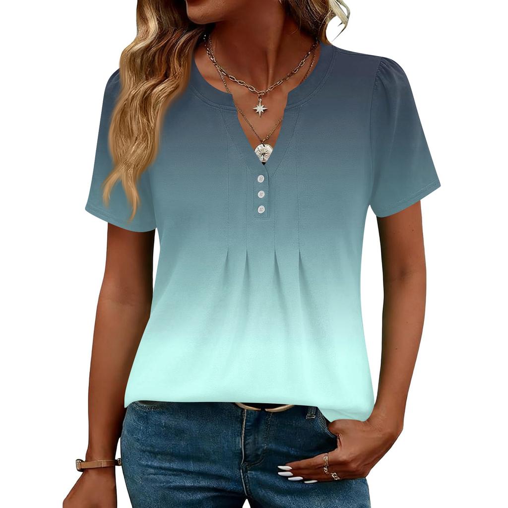 Damskie Góry Eleganckie Codzienne Koszule z Dekoltem V Krótkim Rękawem Plisowane Bluzki Tuniki zapinane na guziki