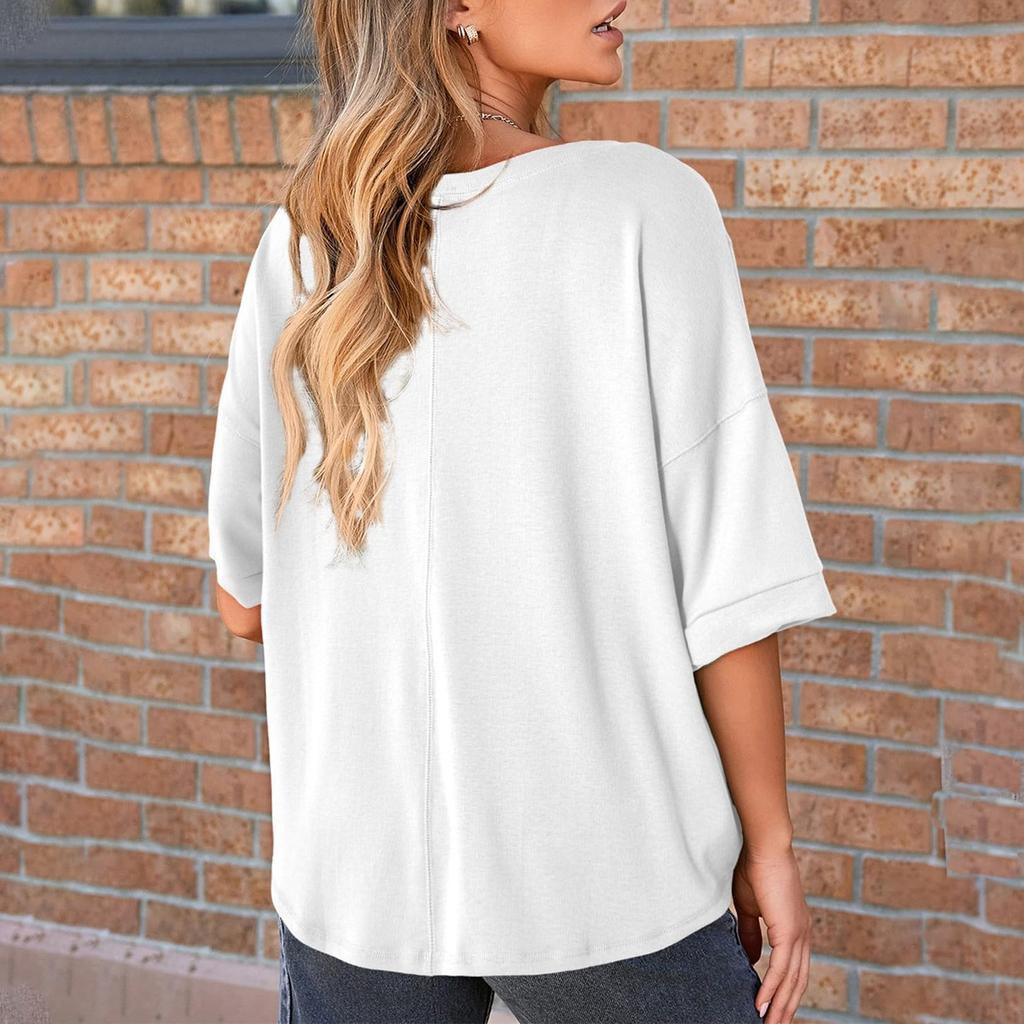 Women's U-neck Loose Seven Quarter Sleeve Patchwork Pocket Shirt