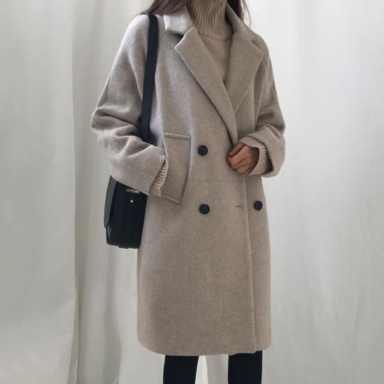 Damen Herbst Winter Mantel Zweireihig Einfarbig Knöpfe Langarm Dickes Revers