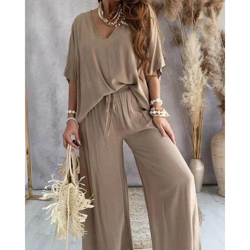 

Fashion New Arrival Fashion Loose V Neck Short Sleeve Top and Trousers Suit V-Neck Top and Pants Set Camel color XL