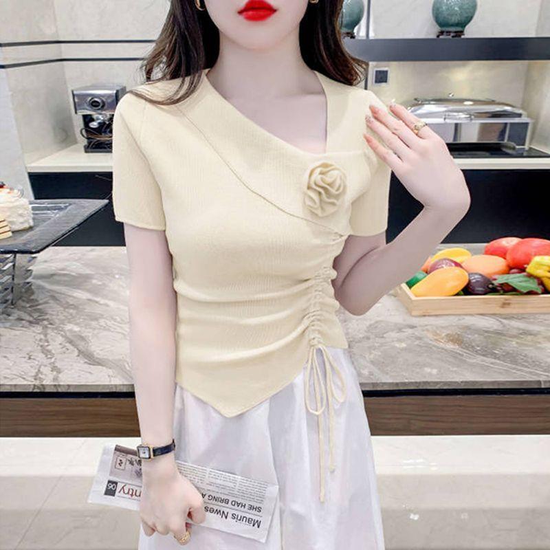 Damen Kurzarm T-Shirt Sommer Mode Slim Fit T-Shirt Bauchbedeckung Lässiges Lockeres Oberteil