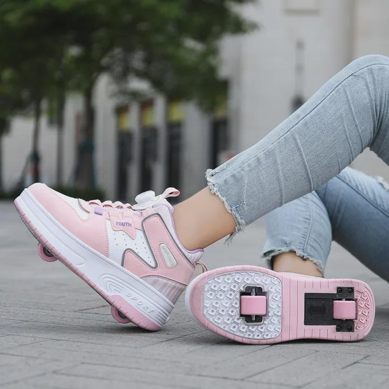 Children's Double Wheel Button Running Shoes with Hidden Skates