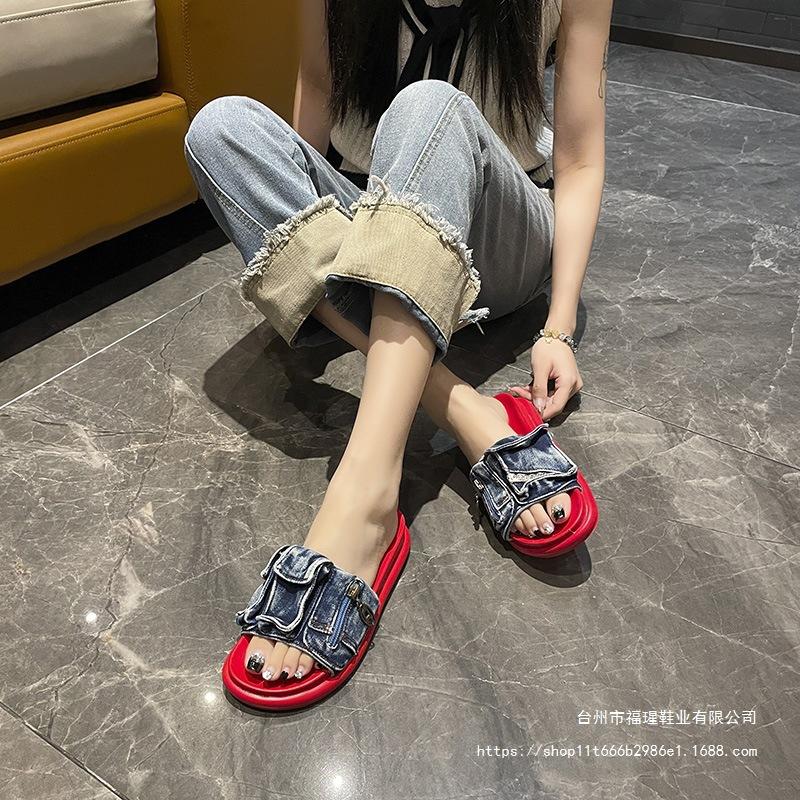Thick-soled One-word Cool Slippers Fashionable Retro Denim Slippers Outer Wear Design Sense Beach Shoes Sandals Women's Foreign Trade