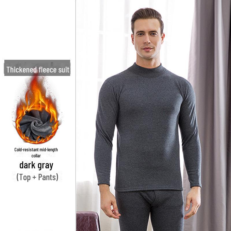 Men's Plus Velvet Thickened Thermal Underwear Set for Middle-aged and Elderly - High-collar Autumn Top and Pants