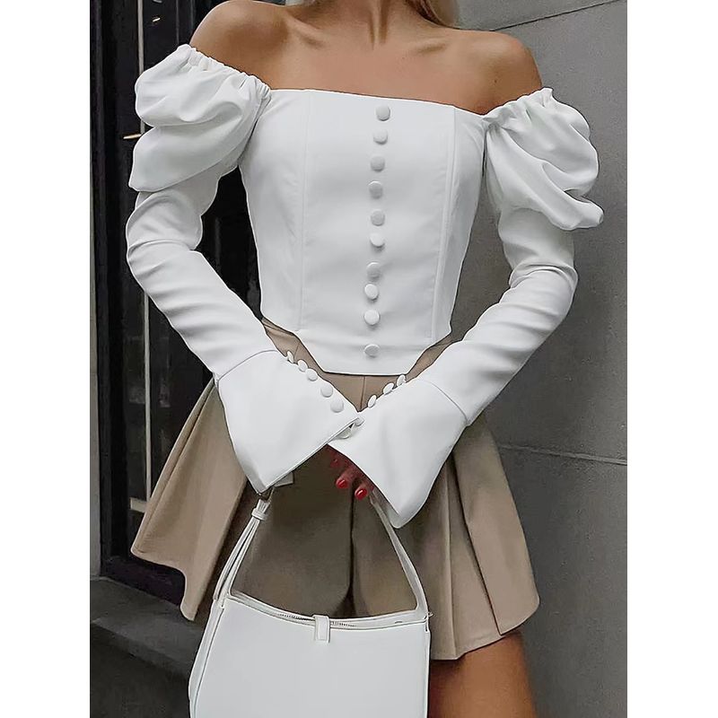 French Fashion Satin Square Collar Short Temperamental Shirt Square Neck Bubble Sleeve Shirt