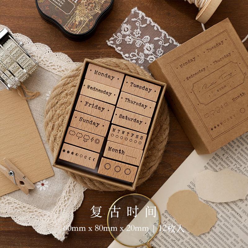 New 12PCS Vintage Wooden Stamps Wooden Stamp Scrapbook Scrapbook Assorted Stamps Diary Decoration Journal Kawaii Stamps