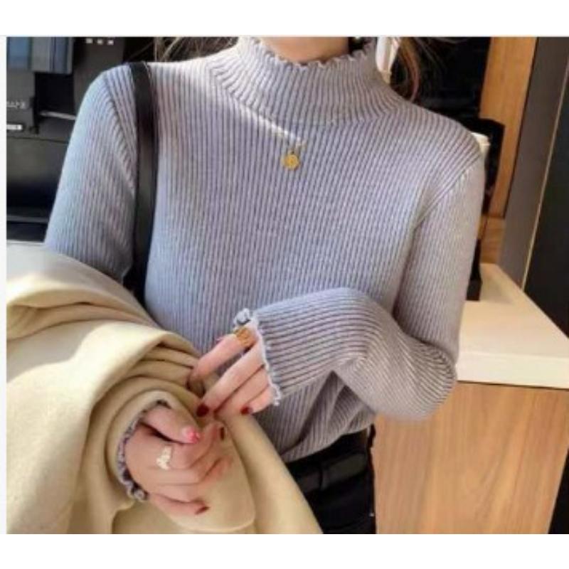 In Autumn and Winter, Wear A Solid Color Plus Velvet Half Turtleneck Sweater, Women's Gentle Wind, Warm One-piece Velvet Bottoming Shirt