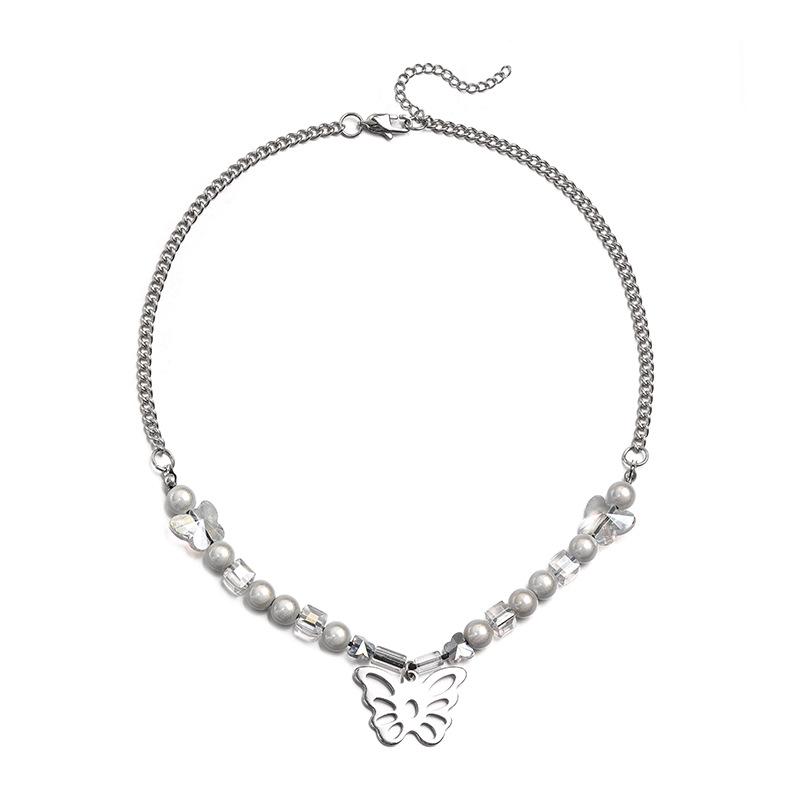 Urban Hip Hop Pearl & Crystal Reflective Stainless Steel Necklace - Titanium Clavicle Chain for Couples