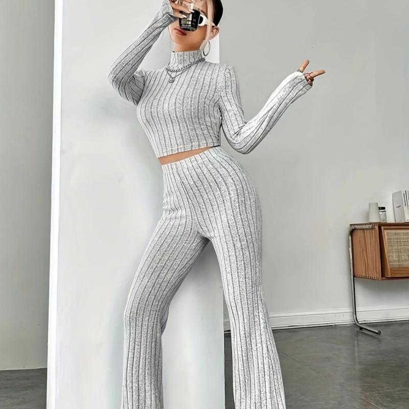 2025 Women's Solid Color Ribbed Knit Set: Long Sleeve Top and Base Shirt