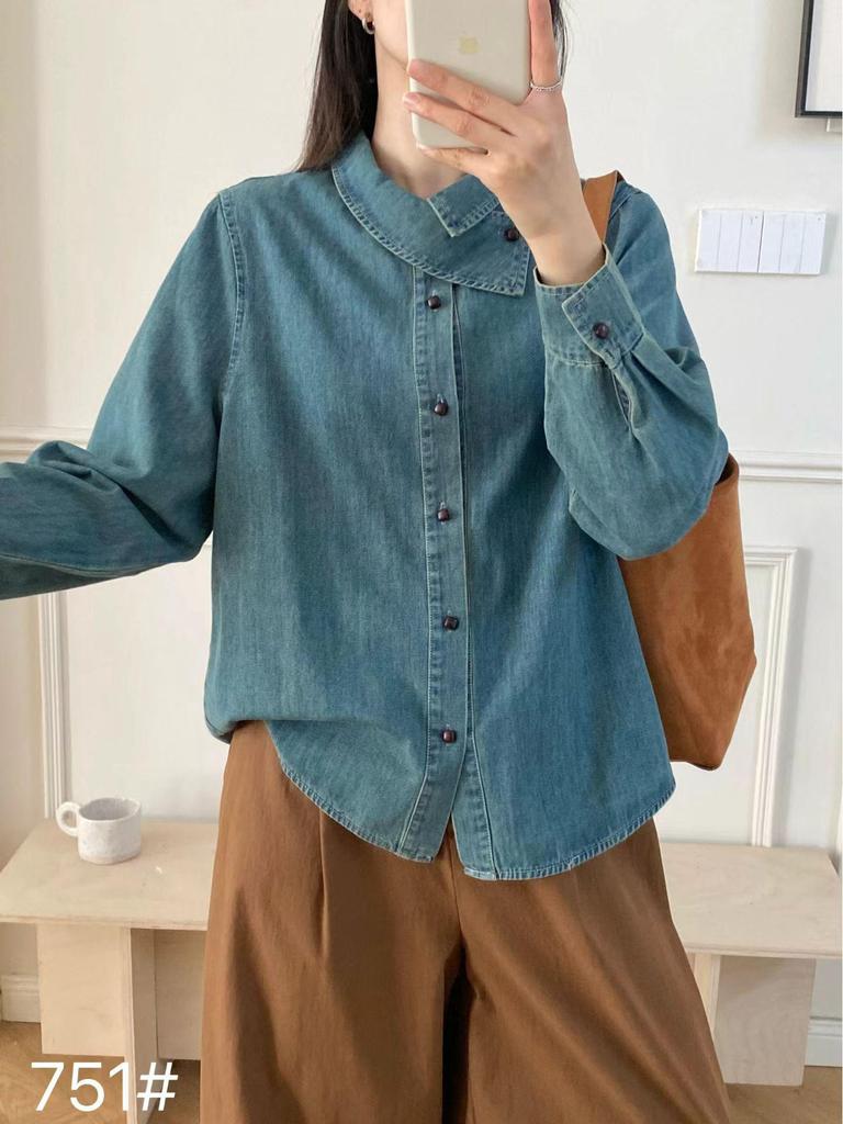 Hong Kong Style Retro Washed Denim Shirt Jacket for Women