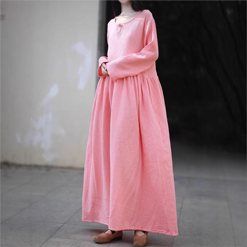 

Johnature Women Vintage Dress O-Neck Long Sleeve Solid Color Autumn Casual Soft Long Dress One Size розовый