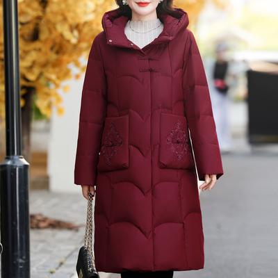 Winter Langer Daunenmantel für Damen Übergröße Oberbekleidung Mit Kapuze Stickerei Elegant Dick Warm Daunenjacke Damen Parkas