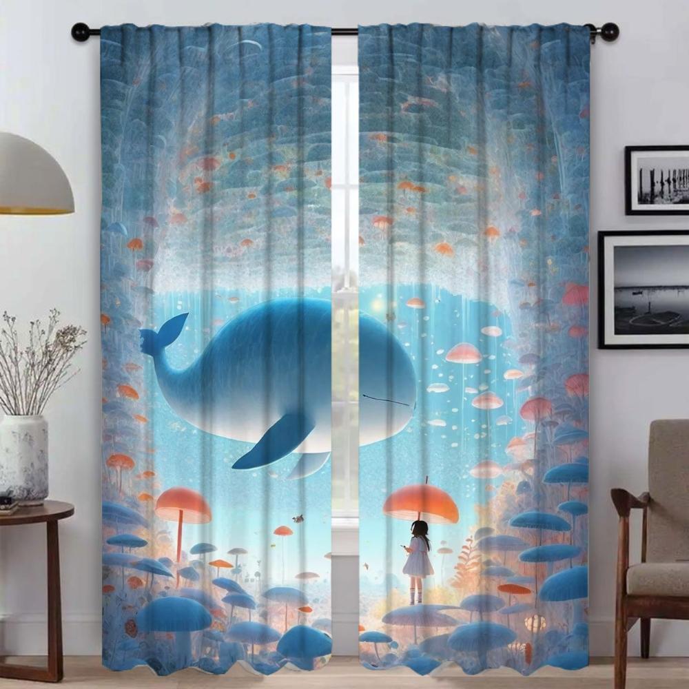 The Whale At the Bottom of the Sea Kitchen Curtains for Camera Partition Blackout Curtain for Room 2 Panel Shades Living Elegant