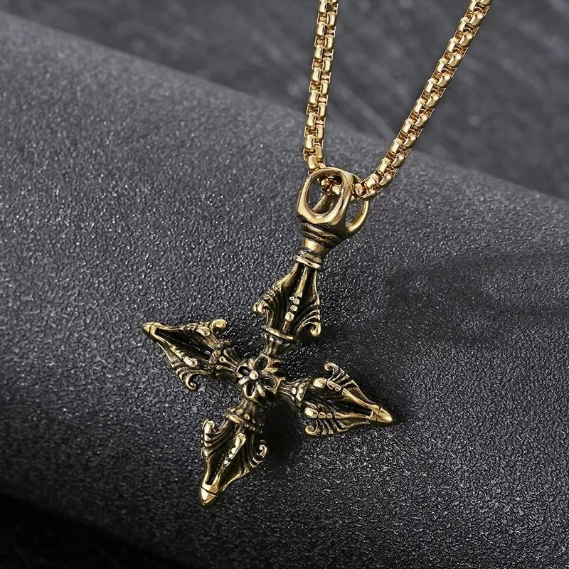 Hip Hop Stainless Steel Crown Cross Pendant Necklace Men's Women's Gothic Demon Subduing Pestle 60cm Necklace Gold Color Jewelry