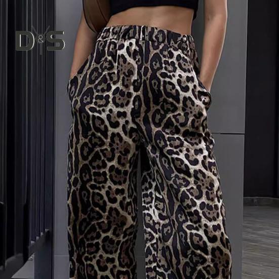 Dámské dlouhé kalhoty elastické kalhoty s vysokým pasem a širokými nohavicemi s kapsami Leopardí potisk Ležérní kalhoty ve stylu High Street