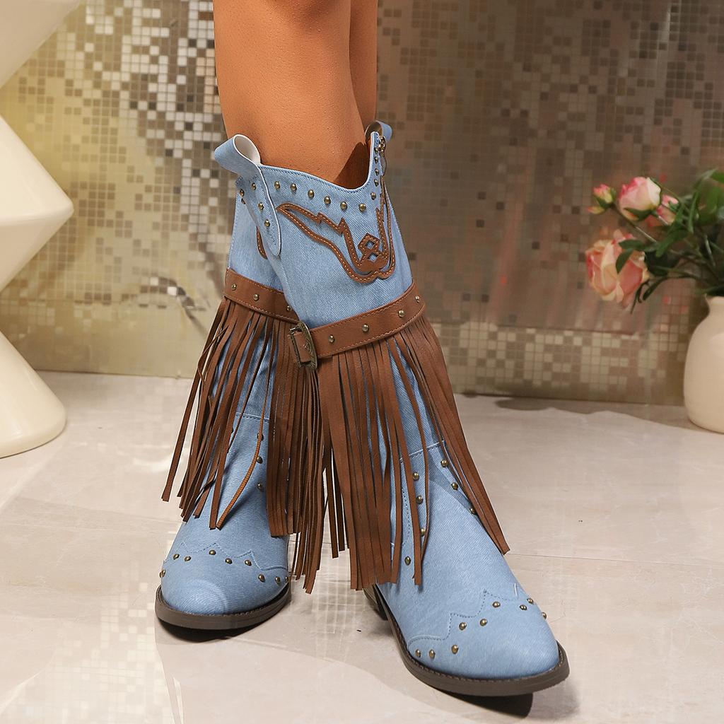 2025 Winter Women Fringes Thick Heel High Boots Suede Pointed Toe Outdoor Fashion Platform Shoes Willow Nails Pumps Women Shoes