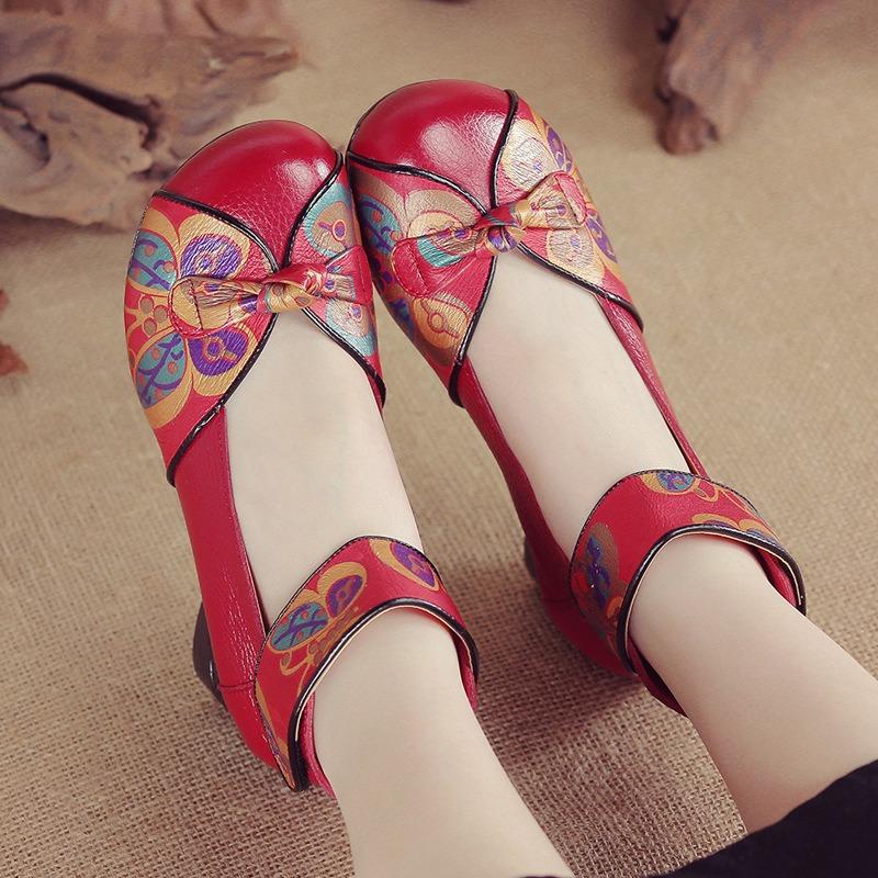 Spring new first-layer cowhide low-heeled soft-soled women's shoes leather printed single shoes casual and comfortable