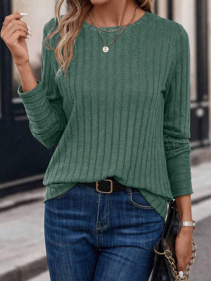 Solid Color Comfortable Crew Neck Pit Strip T-Shirt Spring and Autumn Casual Long Sleeve Top Women's Clothing