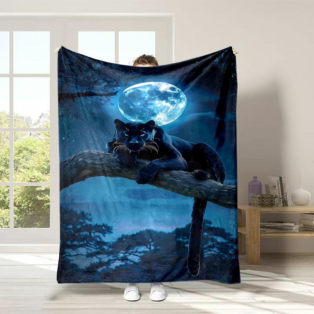 Elegant Panther Moonlight Throw Blanket for Sofa Couch Throw Winter Fleece Bed Decor Art Cozy Jungle Wildlife Blue Moon Gift