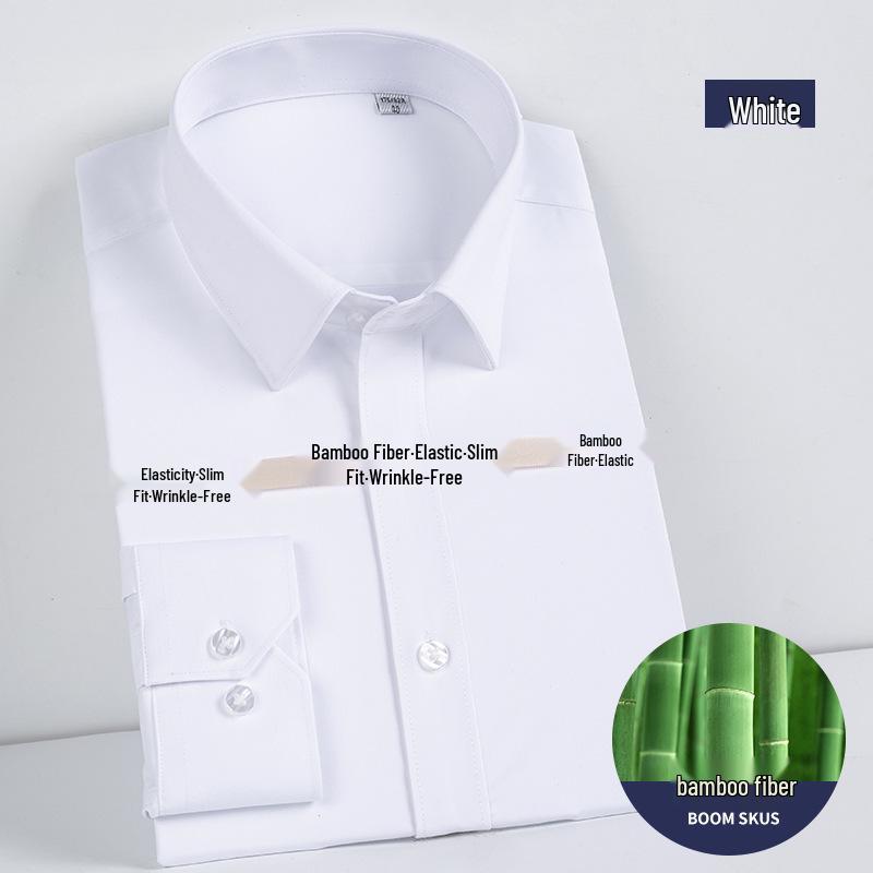 2024 Men's White Slim Fit Bamboo Fiber Long Sleeve Iron-Free Business Shirt