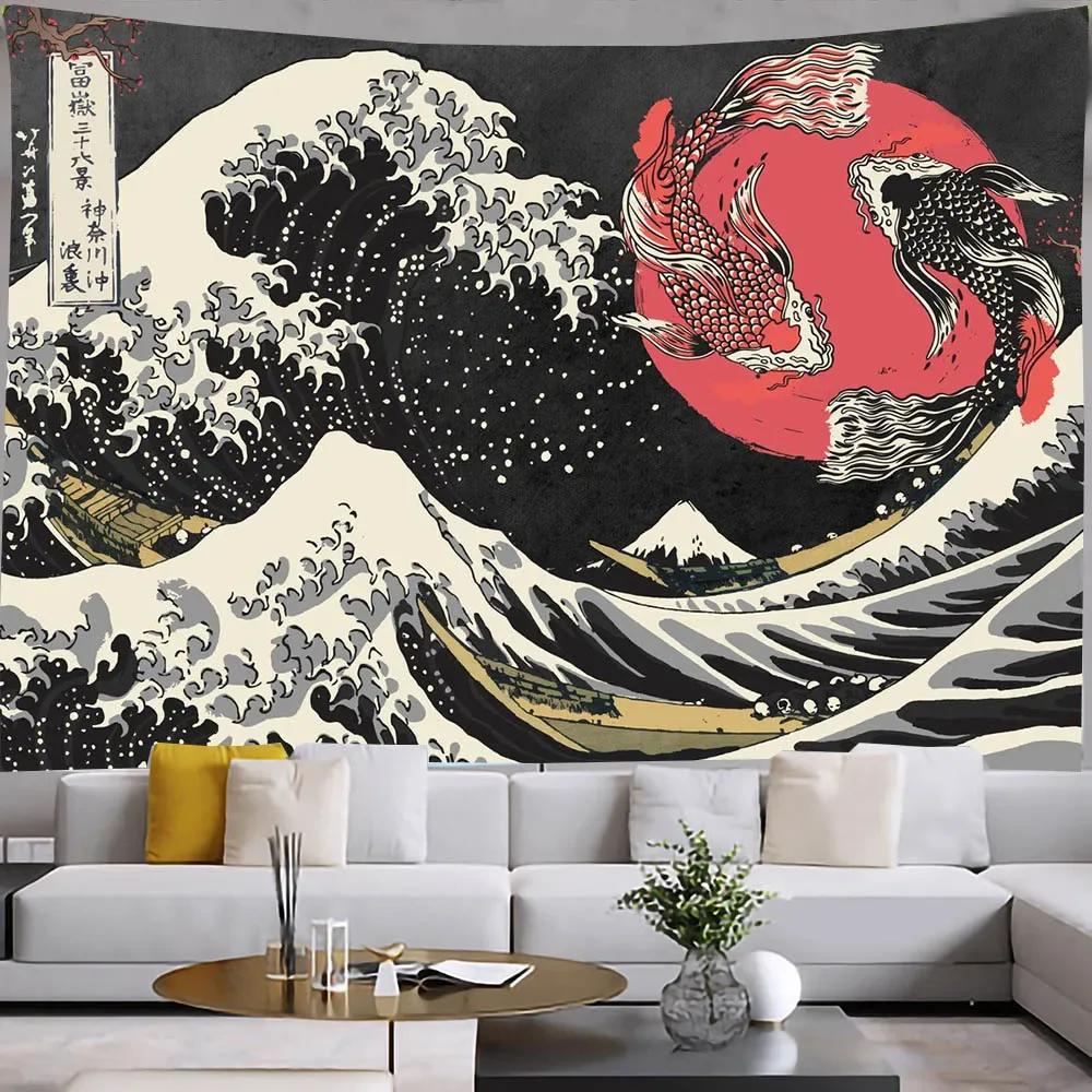 VIKAMA Black And White Japanese Tapestry Koi Cherry Blossoms On Mount Fuji Wabi Sabi Boho Home Office Wall Hanging 74x94cm(29x37in)