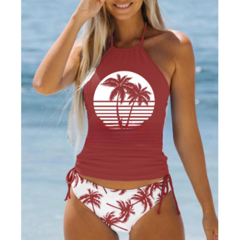 Costum de baie tankini de damă, cu șalter albastru, cu imprimeu arbore de nucă de cocos