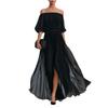 Off Shoulder Pleated Chiffon Maxi Dress for Women Elastic Waist Half Sleeve Long Evening Gown with Slit