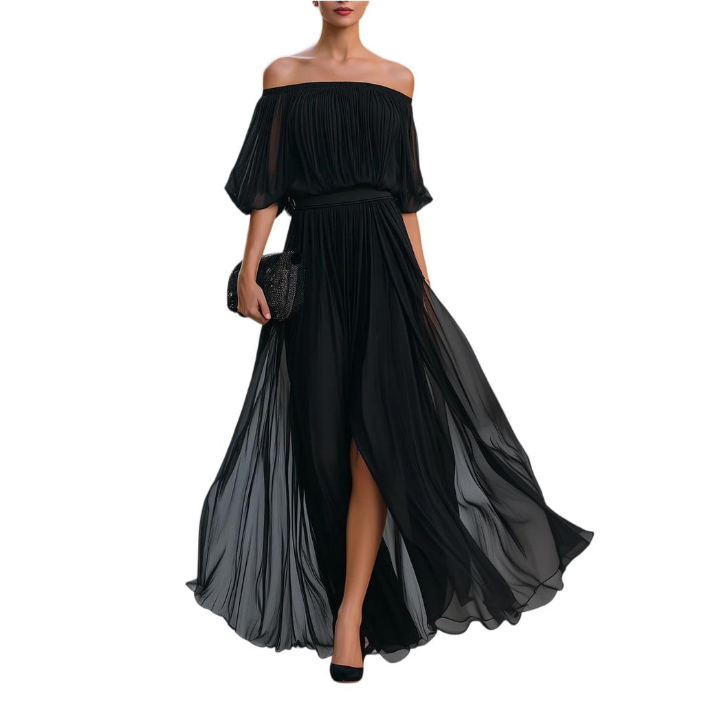 Off Shoulder Pleated Chiffon Maxi Dress for Women Elastic Waist Half Sleeve Long Evening Gown with Slit