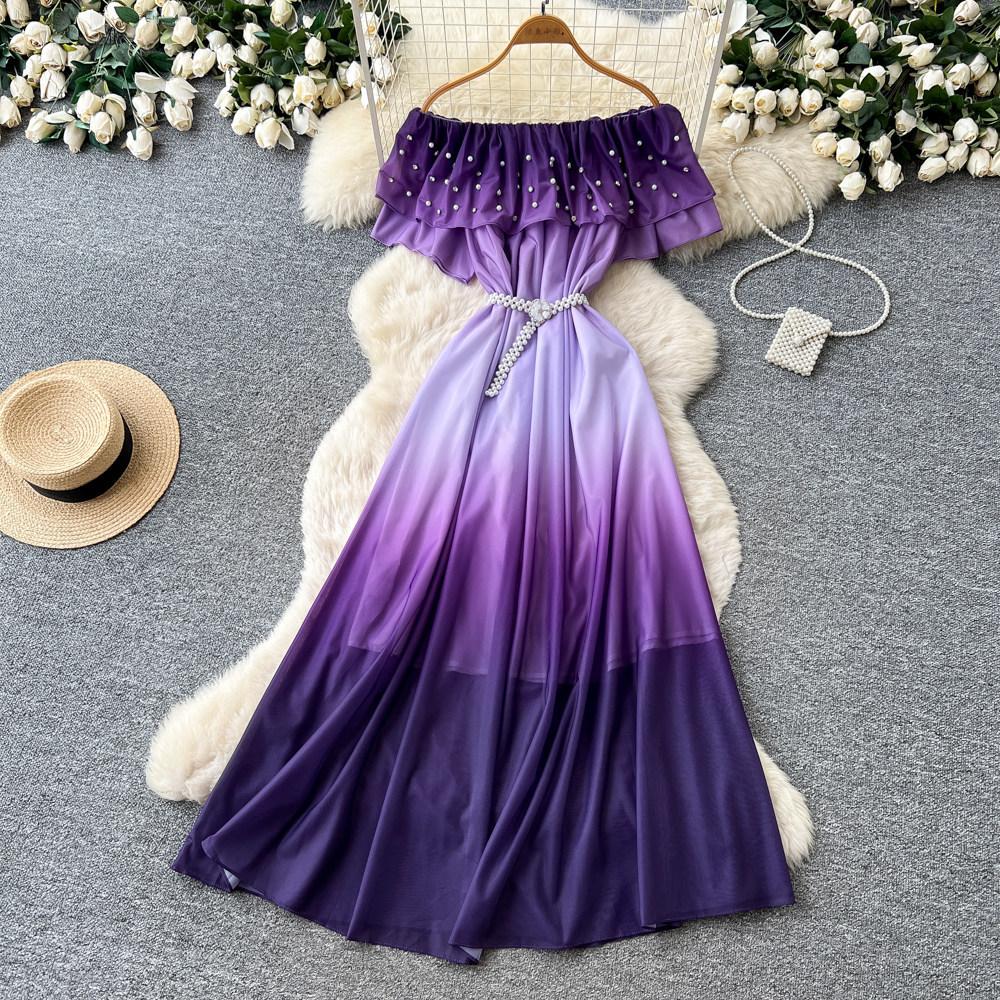 New Women's Summer Sleeveless Print Dress Pearl One-Neck High Waist A-Dress Commuter High Street Style