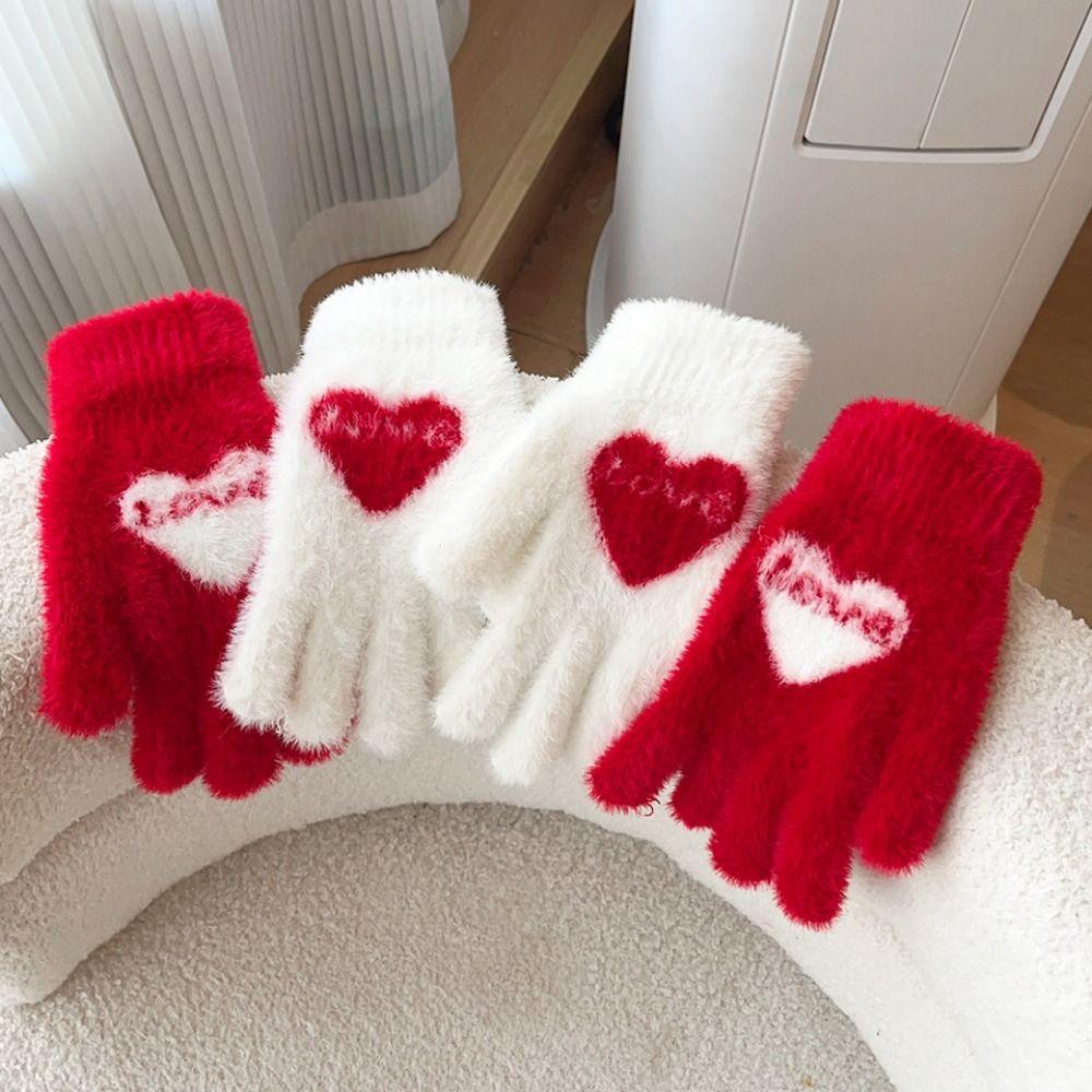 Plush Warm Gloves Love Heart Full Finger Mittens Warm Women Gloves Women