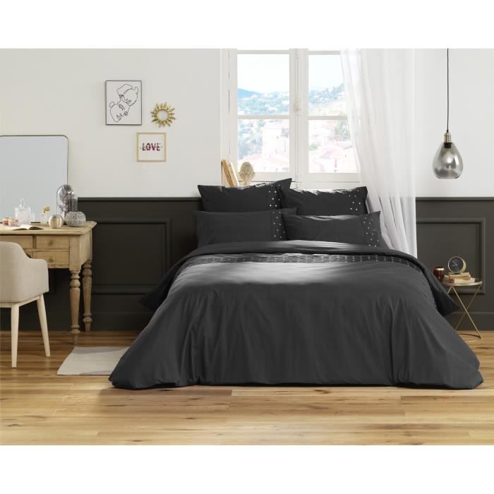 Housse De Couette - Agathe - Poivre Anthracite - 200x200cm - Coton - Pois Brodés